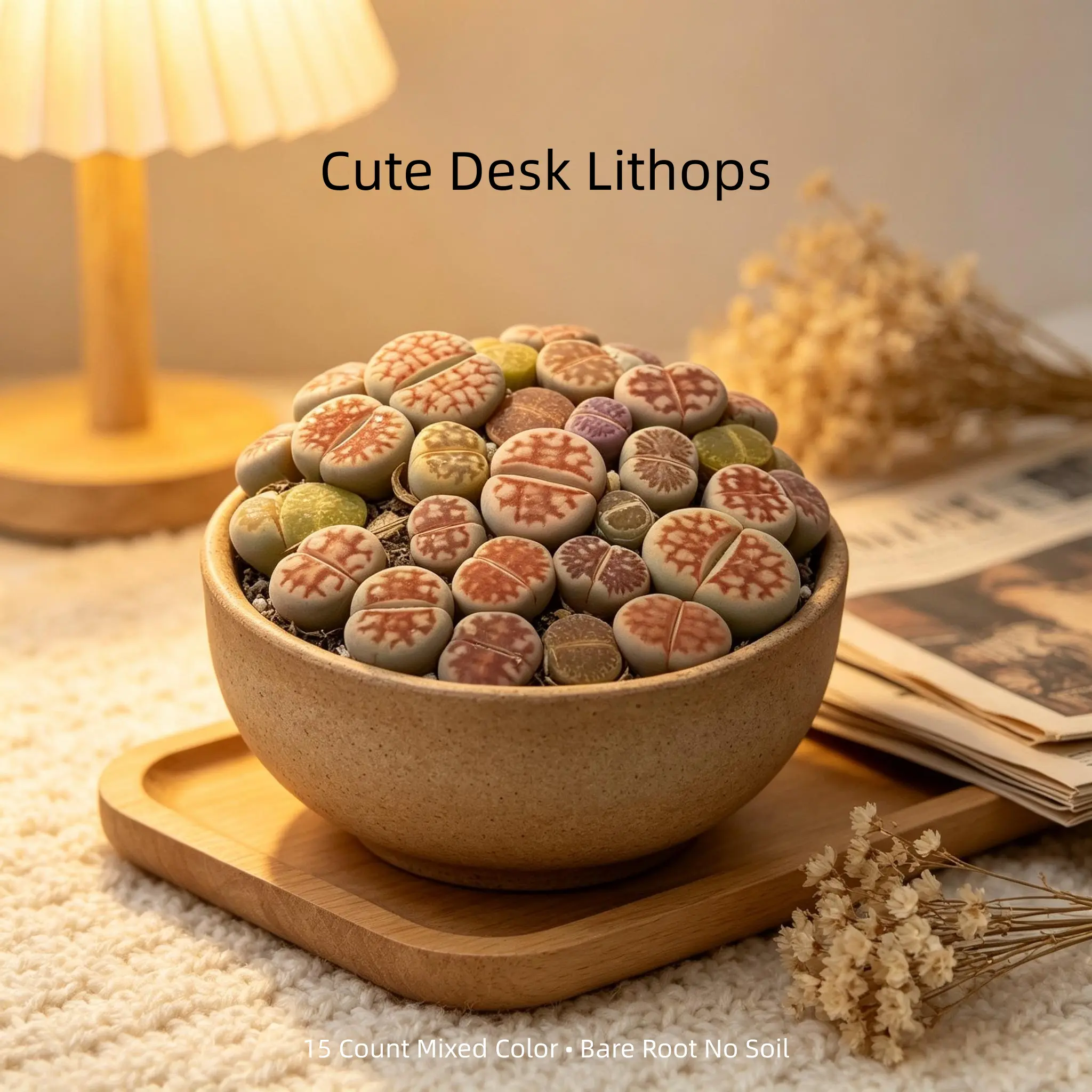 15Pcs Colorful Lithops Living Stones Succulent Bare Root | Cute Mini Stone Cactus for Home Decor