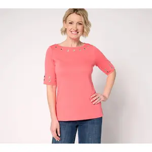 Quacker Factory Grommet Bateau Neckline Elbow Sleeve Top