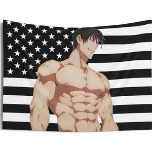 JJK Toji American Flag Tapestry, anime Funny Room Merch, meme gift idea, Wall decor for anime fan, USA flag, banner, college dorm decoration