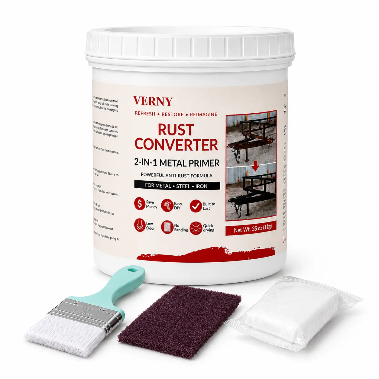 VERNY Rust Converter & Metal Primer, 2-in-1 Water-Based Rust Treatment for Metal, Steel & Iron, Penetrating Liquid Formula, Low Odor, Indoor & Outdoor Use, Black, 35 oz Kit with Brush, Sandpaper & Disposable Gloves