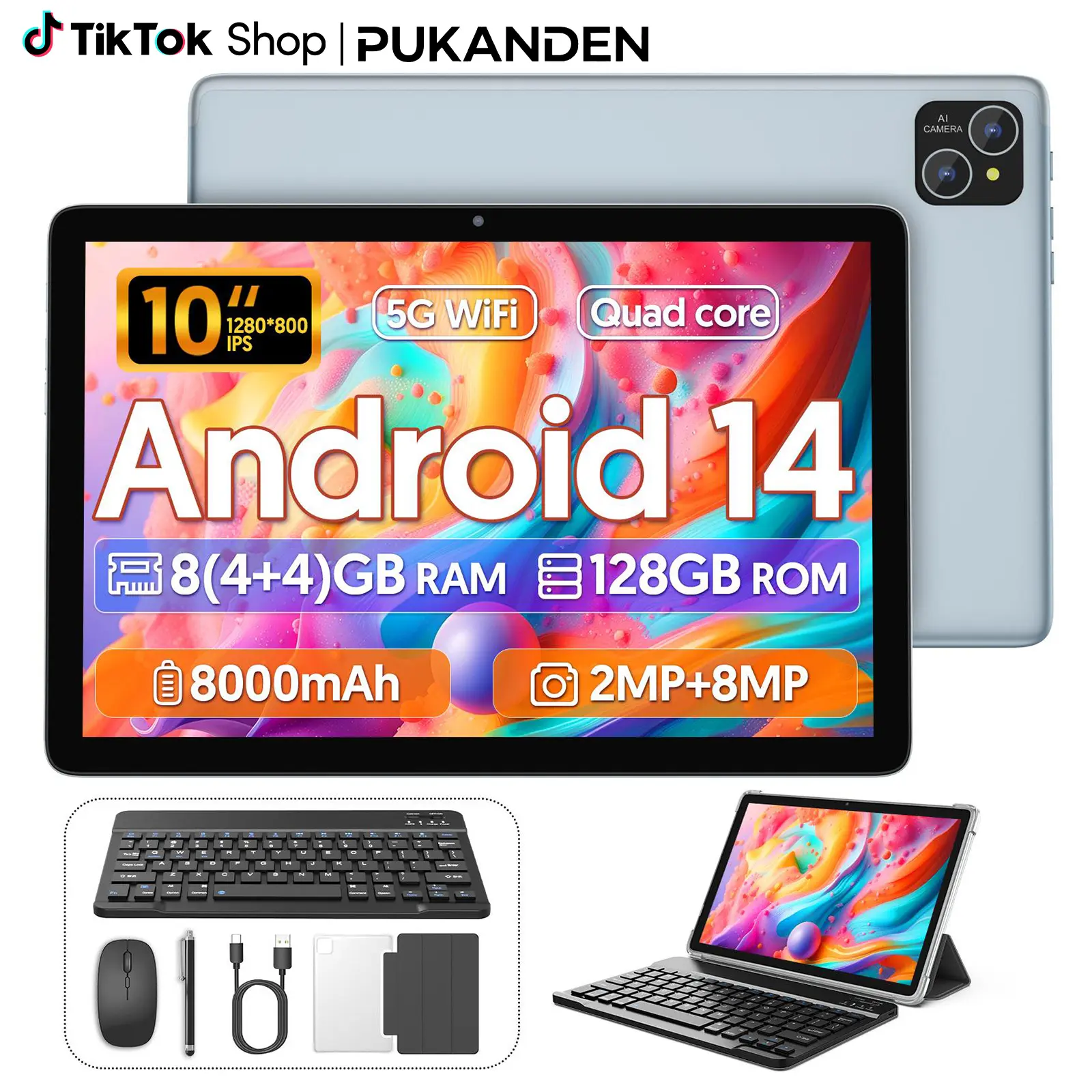 2026 10-Inch Android 14 Tablet with Quad-Core Processor, 16GB (4+4) RAM + 128GB ROM, Wi-Fi, 1280×800 IPS Display, 8000mAh Battery, Fashionable Colors, Dual Camera, Grey Keyboard Set for Education & Gifting