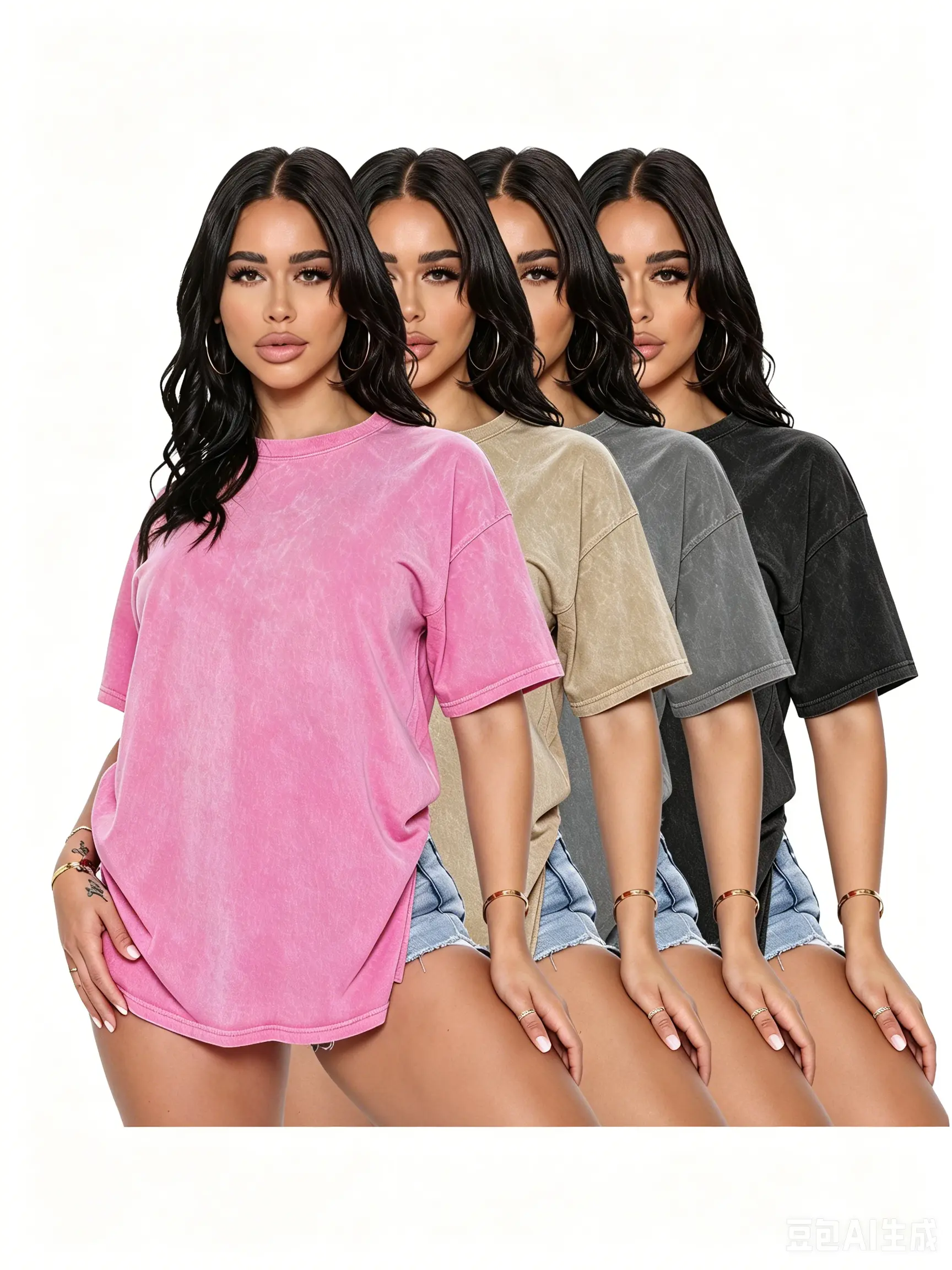 Women Distressed Wash Cotton T-Shirts 4 Pack, Loose Round Neck Short Sleeve Sporty Casual Tops for Daily & Outdoor Use