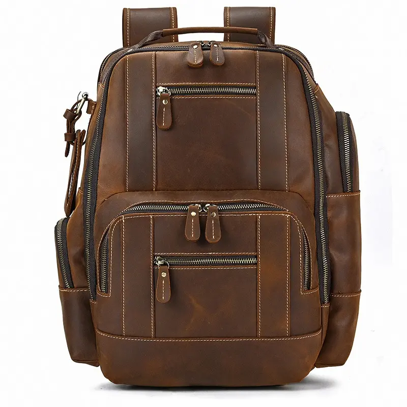 Unisex Vintage Crazy Horse Full Grain Leather Backpack, Fits 15.6 Inch Laptop Multi Zip Pocket Plain Carry On Travel Pack for Camping Daily Business Commute