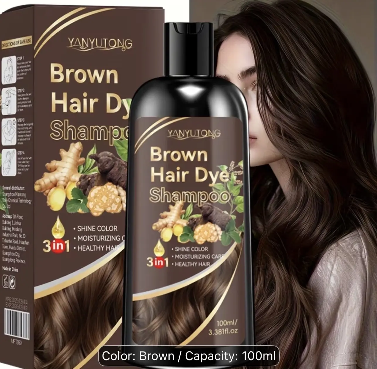 3-in-1 Shampoo, Brown Hair Color & Conditioner — Natural Herbs, Moisturizing Care, Non-Irritating, Smooth Finish, Natural, Color-Depositing Shampoo, Unisex, Suitable for All Hair Types. Travel Size.