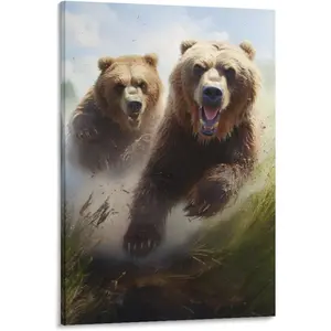 Roar Brown Bear Canvas Wall Decor Vintage Prairie Wildlife Ferocious Landscape Poster Wall Art for Living Room Bedroom Artwork