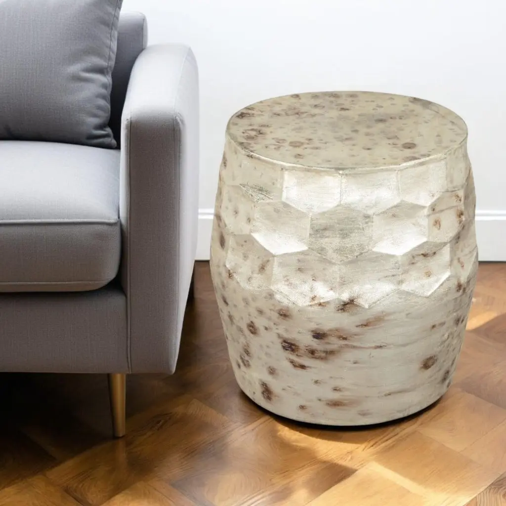 HomeRoots 556540 22 in. Beige Iron Round Block End Table - Modern Side Table, Living Room Indoor Accent Furniture, Living Room Tables