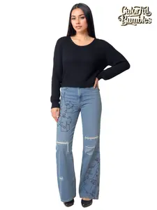 Women’s Ripped Graffiti Jeans – Light Blue Wide-Leg Fit, Rigid Denim with Dual Pockets, A Streetwear Essential for Fashion-Forward Looks