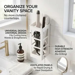 Wall-mounted hair tool storage rack, bathroom space-saving bracket, no need to drill, plastic storage box, suitable for curling irons, straighteners, and combs, ideal for bathroom vanity and countertop organization