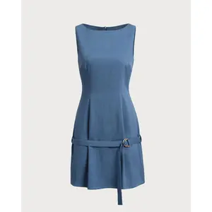 Blue Boat Neck Belted Mini Dress