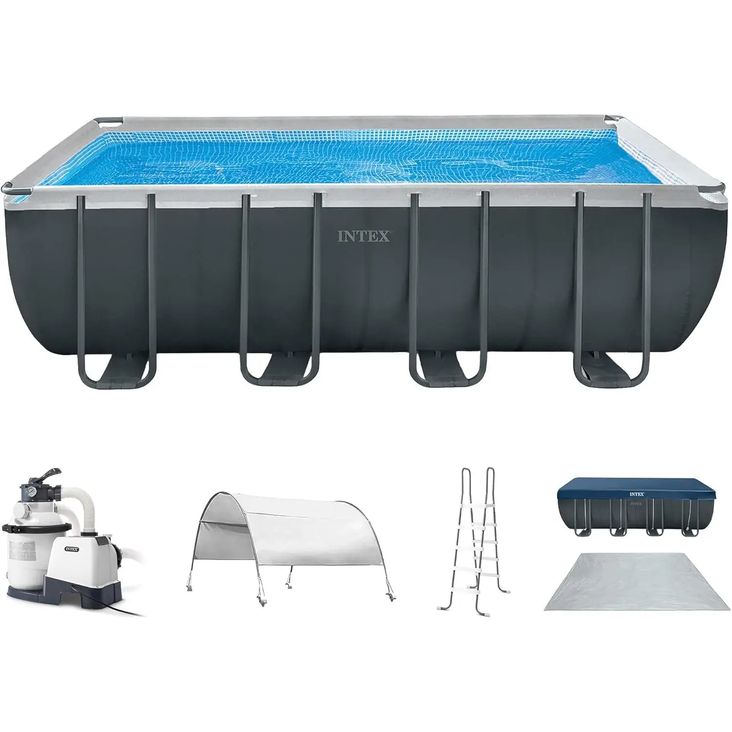 INTEX Ultra XTR 18ft x 9ft x 52in Above Ground Swimming Pool Set Bundle | 26355EH - 1500 GPH Sand Filter Pump, Ladder, Pool Cover & Ground Cloth with Sunshade Canopy Included