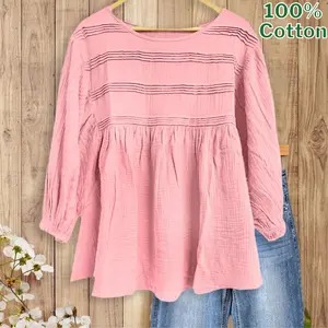SageVell 100% Cotton Pink 3/4 Puff Sleeve Blouse with Ruffled Cuffs & Pleated Details for Women's Casual Wear