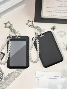 Black Card Holder With Star Pendant and Fake Pearl Pendants, Bag Ornament, Keychain, Badge holder, Protective Cover, Holds Id Card, Bus Card, Meal Card, Subway Card, Photo, Used Daily, Decorated, Gift