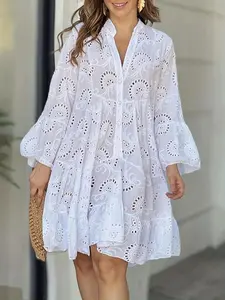 Plain Eyelet Embroidery Notched Neck Smock Dress, Flounce Sleeve Button Front Short Dress for Vacation Holiday,  Embroidered Dress,  Dress for All Seasons, Women's Clothes for All Seasons, Holiday Dresses