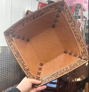 Genuine hand tooled & painted leather decorative bowl- LARGE