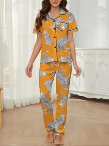 Women's Fall Winter Home Set, Leopard Print Party Sleepwear, Button Front Short Sleeve Top and Elastic Long Pants, Soft Stretch Fabric