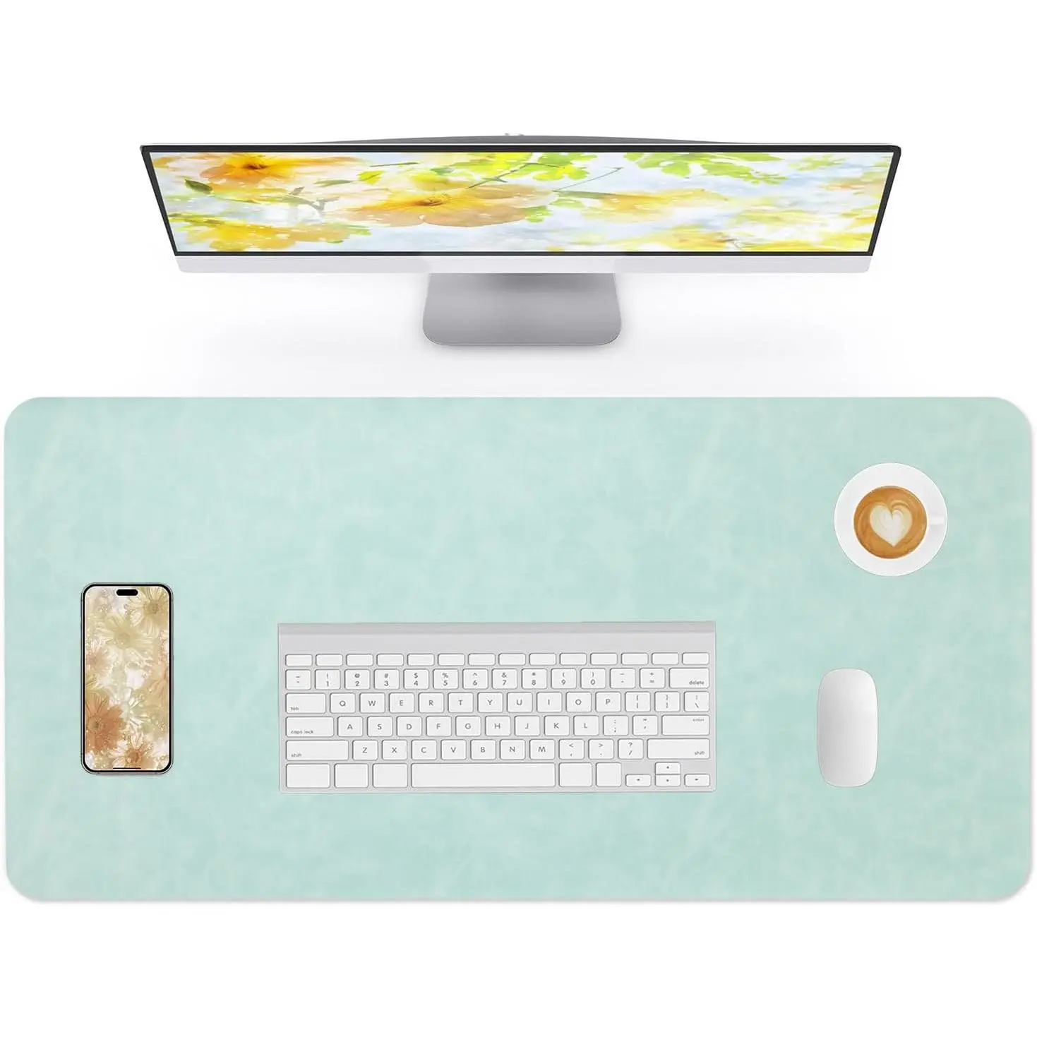 Desk Pad Soft PU Leather Large  Pad Laptop  Desk Mat Table Blotter Flat Smooth  Non-Slip Desktop Protector Writing Pad for Office and  (Light Green, 90x43cm)