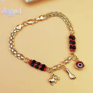 Anygoal 14K Real Gold Plated Elephant Evil Eye Bracelet Hypoallergenic Adjustable Anklet in Bohemian Style Stylish Jewelry for Daily Wear, Spiritual Energy & Trendy Outfits Sports Wristband for Trendy Women, Protection Jewelry (Gift),summervibes