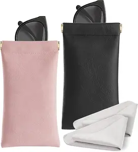 Premium PU Leather Sunglass Case Portable Squeeze Top Glasses Cases Soft Eyeglass Pouch for Women Men with Cleaning Cloth Pink & Black