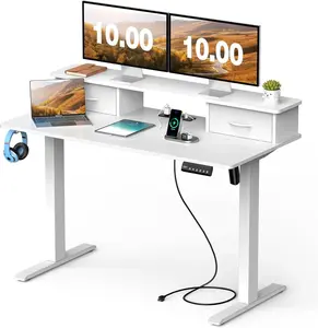 White Standing Desk 47" - Electric Adjustable Desk with Charging Station & Storage