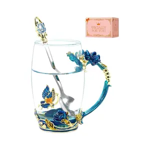 Women's Butterfly Flower Glass Drinkware - Sky Blue Rose Tea Cup/Coffee Mug, Mother's Day Gifts for Mom, Birthday Anniversary Valentine's Day Presents for Female Loved Ones, Drink