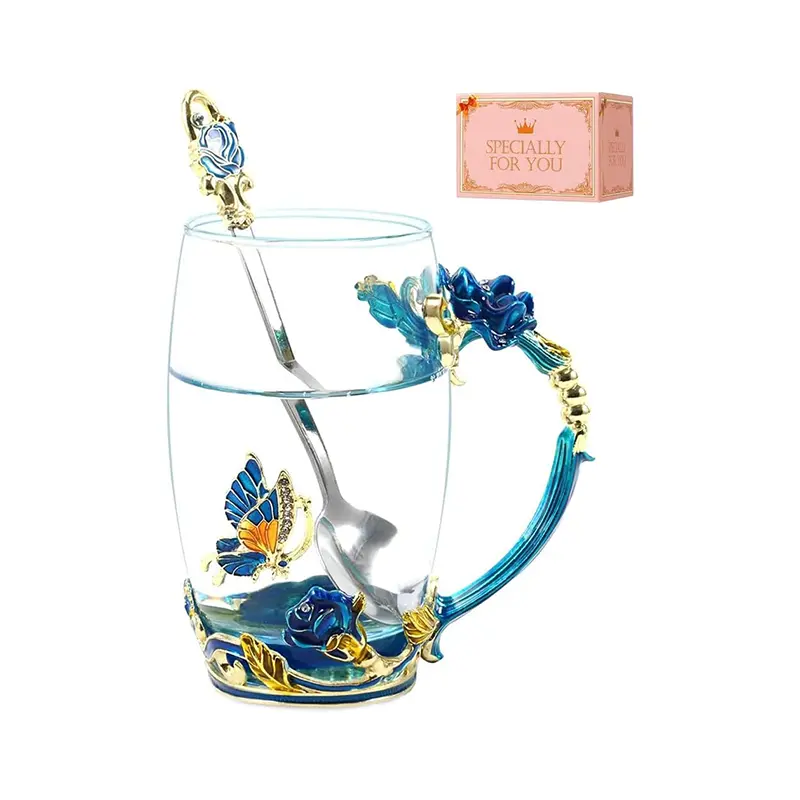 Women's Sky Blue Butterfly Flower Design Tea Cup with Saucer, Kitchenware Drinkware, 2-Piece Set, Mom-Coworker Holiday-Birthday Gift Pick, Mother