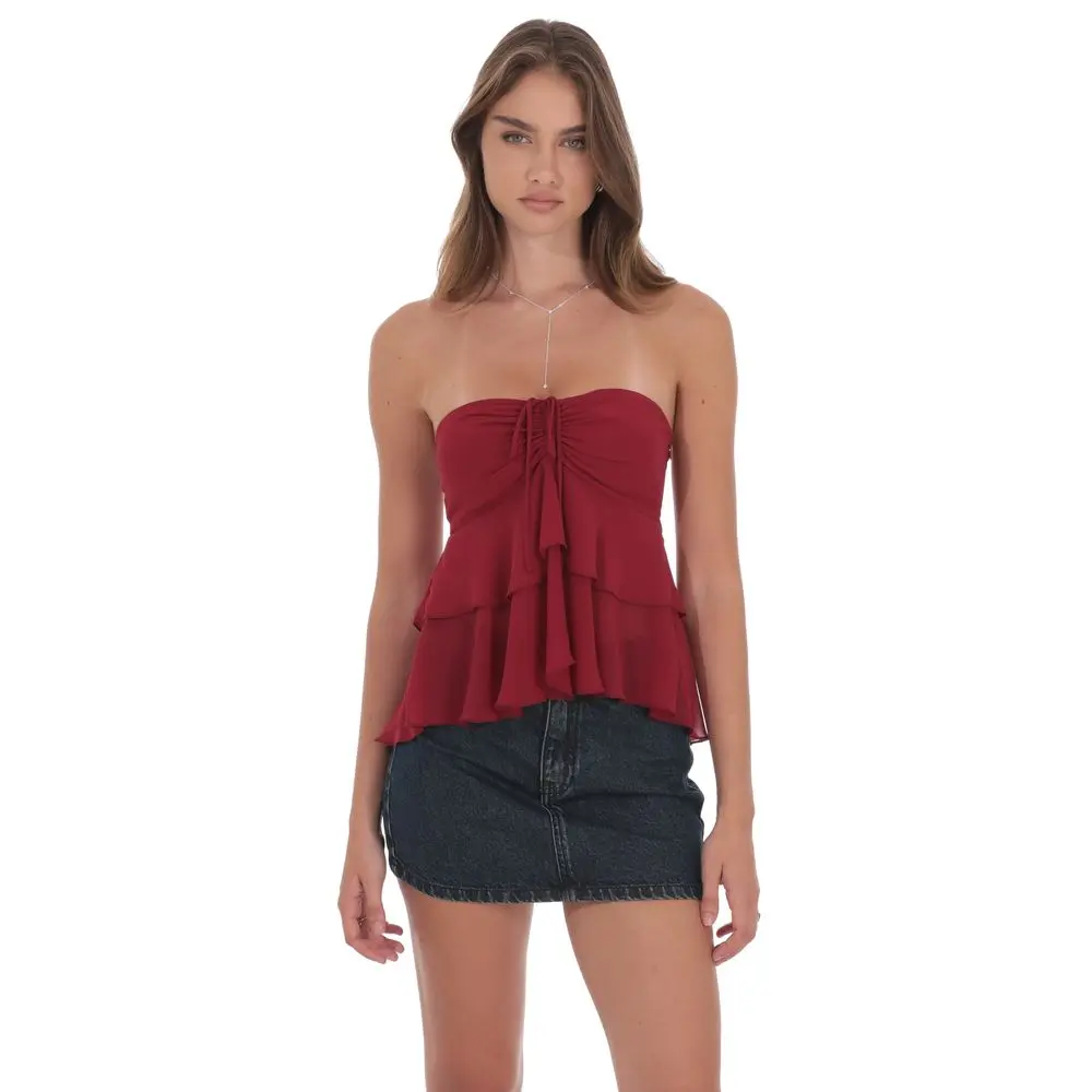 Chiffon Strapless Ruffle Top in Maroon