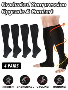 Four Pairs Open-Toe Compression Athletic Running Socks for Men & Women, 15-20mmhg Support, over Knee Long, Ideal for Pregnancy, Nursing, Sports