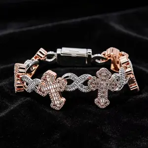 M2-9200 Iced Cross & Infinity Link Bracelet - Bold Hip Hop Statement Wrist Chain, Shiny Full Paved Curb Chain for Streetwear & Party summerwins
