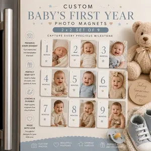 Baby’s First Year Photo Magnets 2x2 Set of 6 or 9 | Monthly Milestone Keepsake Gift
