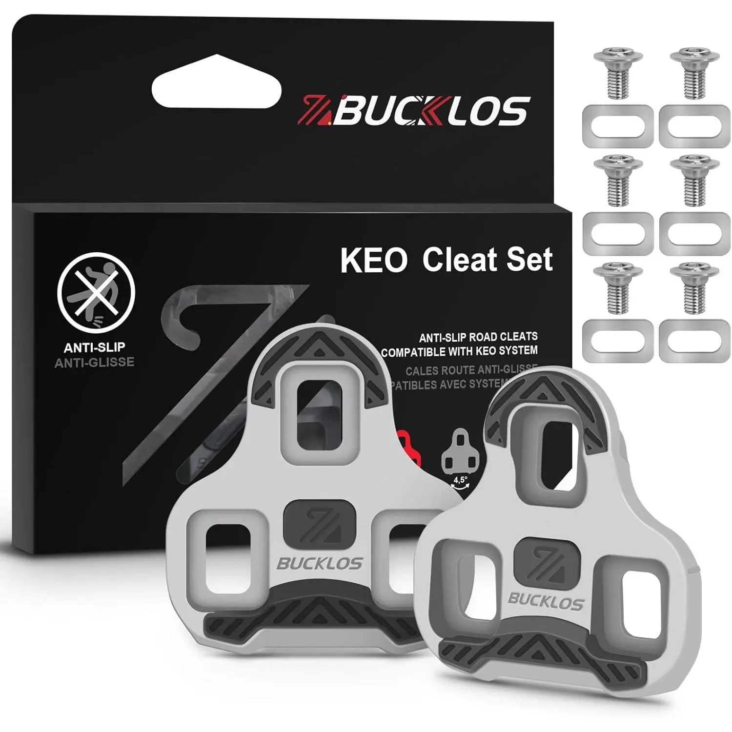 BUCKLOS Grey Cycling Cleats, Keo-Compatible Road Bike Cycling Gear with Anti-Slip TPU Layer, for 3-Hole Shoes, 4.5 Float, Bicycle Parts, Indoor, 3 Float Options, Durable And Reliable Materials, 0/4.5/9 Degree Float