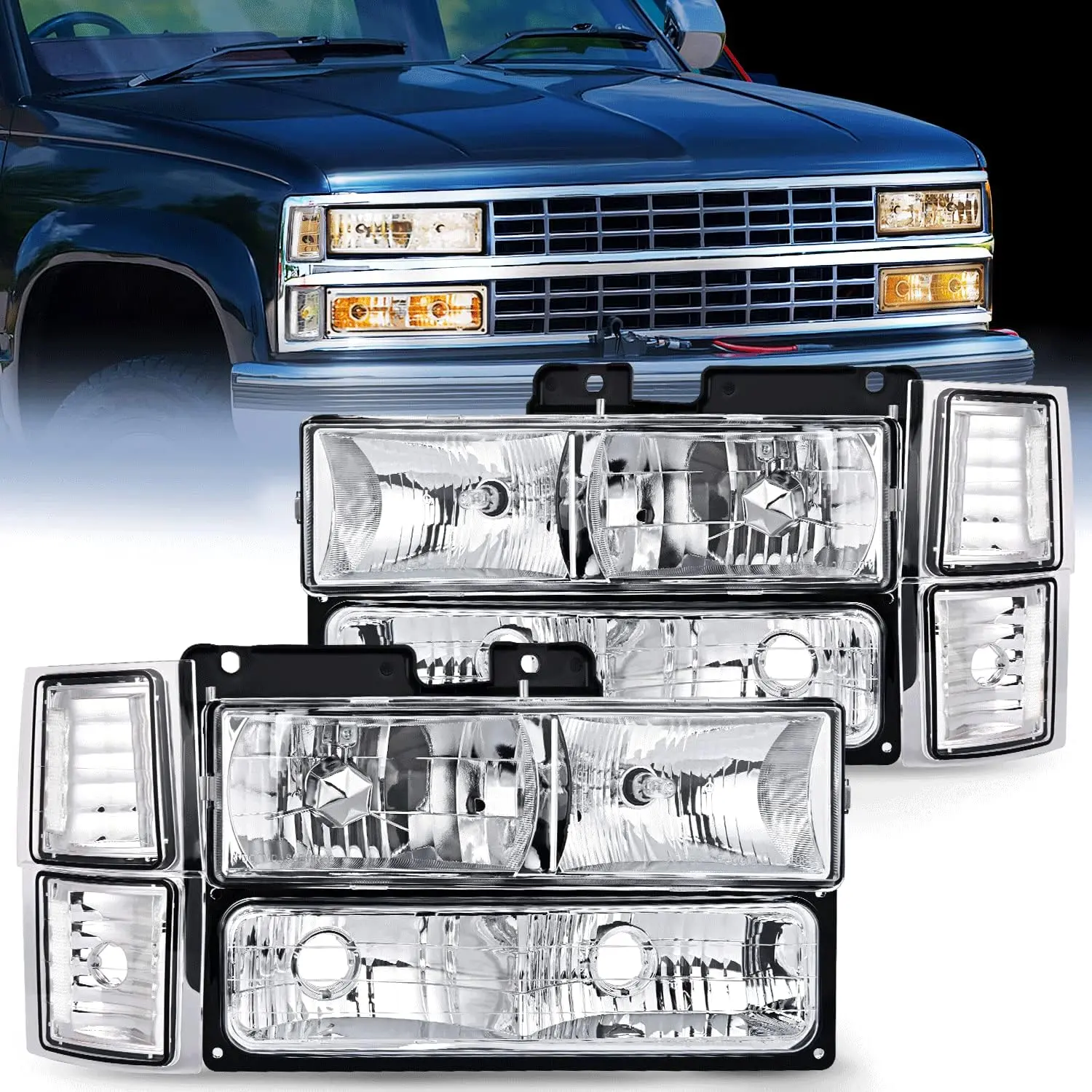 Nilight Headlight Assembly Compatible with 1994 1995 1996 1997 1998 Chevy Silverado Tahoe Suburban C10 C/K 1500 2500 3500 Replacement Headlamp Chrome Housing Clear Reflector Truck, Automotive, Chrome Look Halogen Bulb,car accessories
