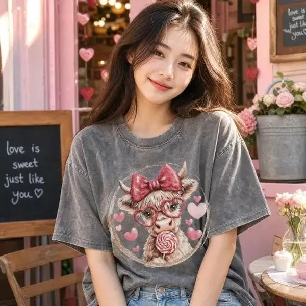 Vintage Washed Valentine Cow T-Shirt | Cute Highland Cow with Heart Glasses Oversized Tee, Perfect for Valentine Season