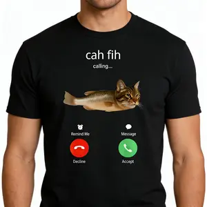 Fish Calling Phone Call Screen T-Shirt, Unisex Sarcastic Fishing Graphic Tee, Relaxed Fit Decline Accept Message Short Sleeve Apparel for Men and Women, Aesthetic Angler Fashion Top, Humor Outdoor Streetwear Shirt