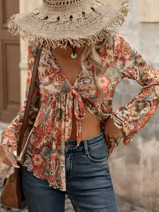 Women's Bohemian Holiday Casual V-Neck Floral Printed Bow Front Fitted Flare Sleeve Long Sleeve Top, Stylish and Comfortable Boho Fashion Shirt Blouse