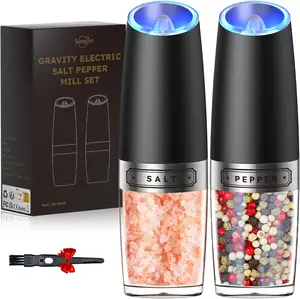 Sangcon Gravity Electric Salt and Pepper Grinder Set Automatic Shakers Mill Grinder with LED Light, BATTERY POWERED Adjustable Coarseness One Hand Operation, Upgraded Larger Capacity