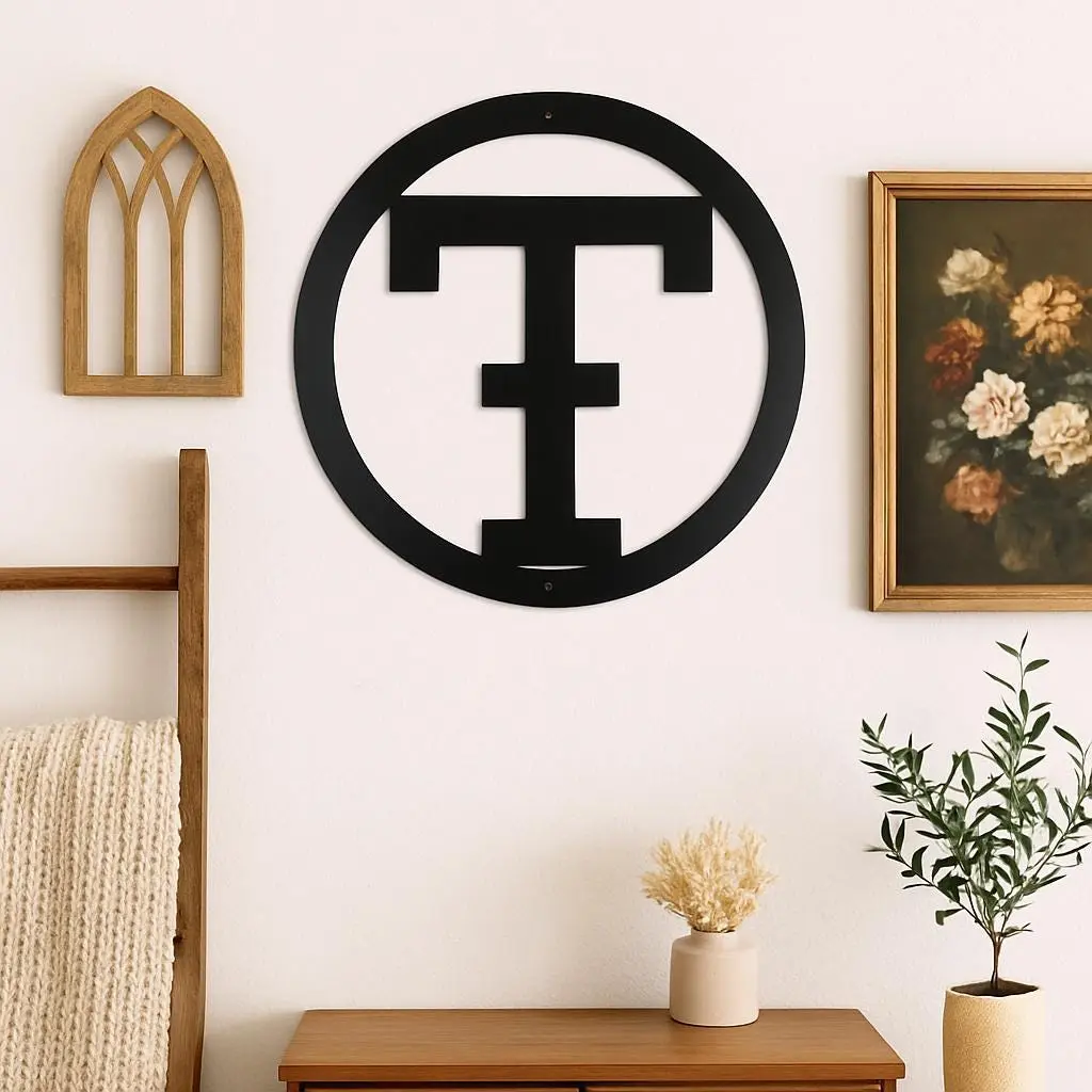 Metal letter T, cattle brand font with circle