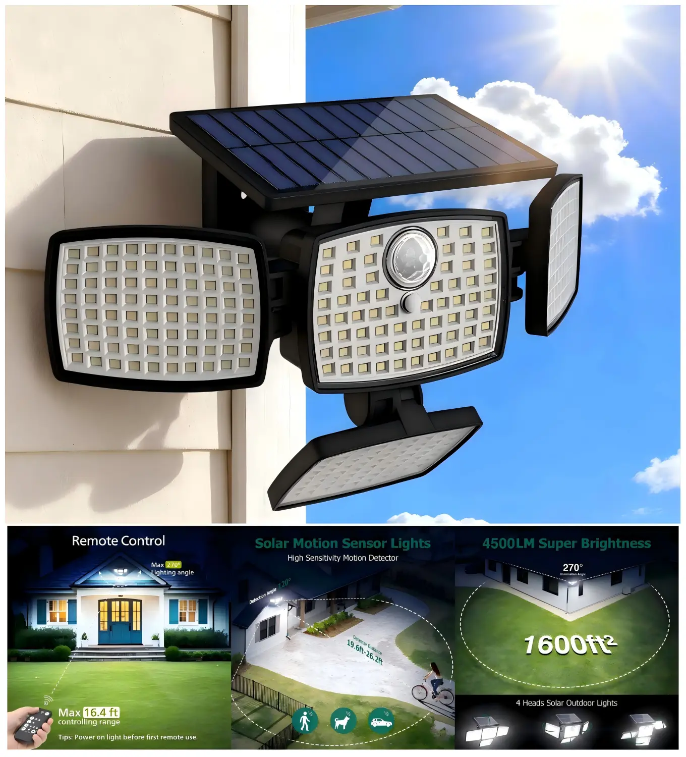 Hoodink Solar Outdoor Wall LED Lights - 4-Head Wide Coverage, 306LED 4500LM Beam, 270°Wide Angle, Motion Sensor, Remote Control, IP65 Waterproof, Easy Install Quick Setup, 3 Modes, No Wiring, Adjustable Flood & Spot, Lights for Outdoor Backyards