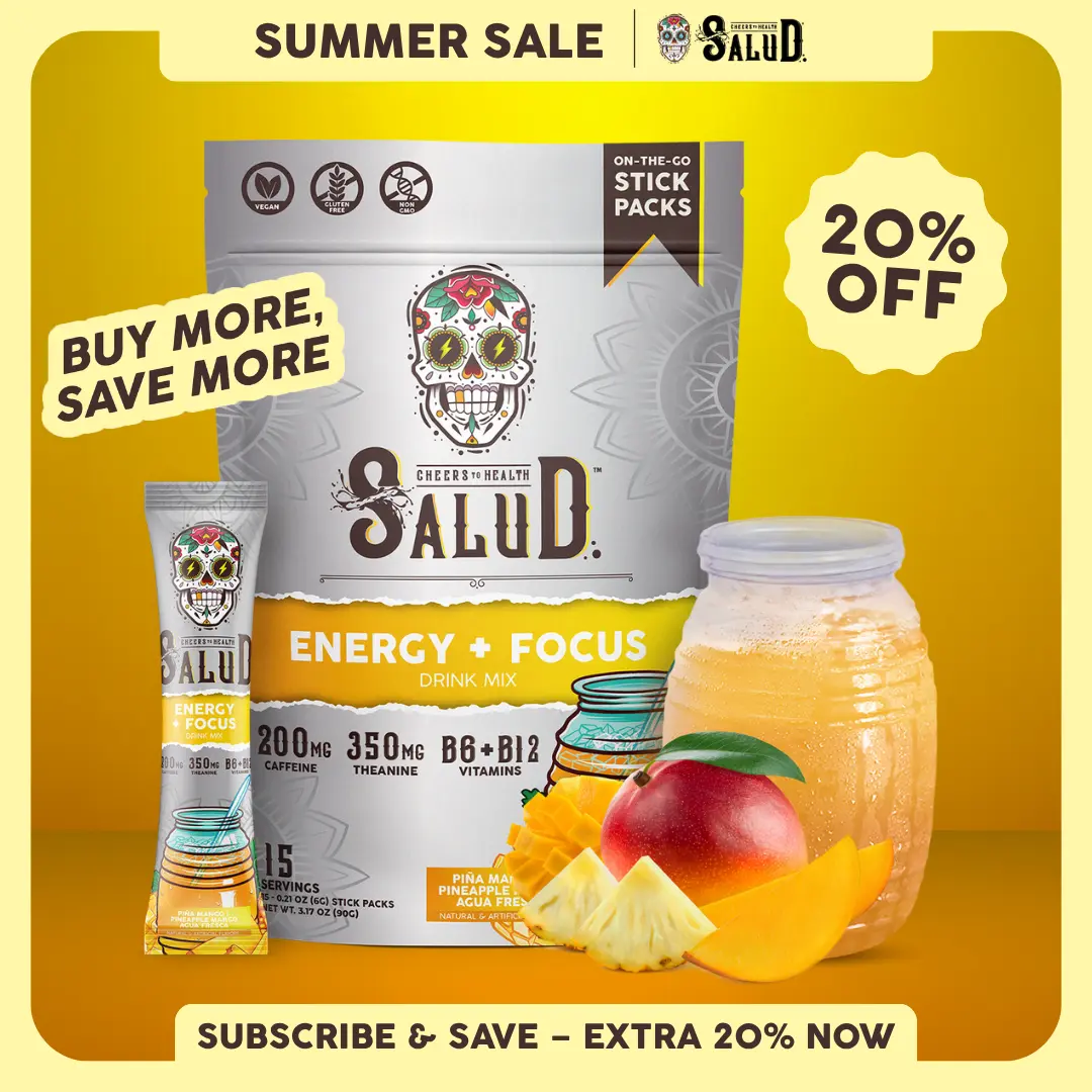 Salud 2-in-1 [Energy + Focus - Piña Mango] Clean Energy Drink Mix, Agua Fresca, Organic Caffeine (200mg), L-Theanine (350mg), B6 & B12, Non-GMO, Gluten Free, Vegan, Low Calorie, 1g Sugar (15 Servings)