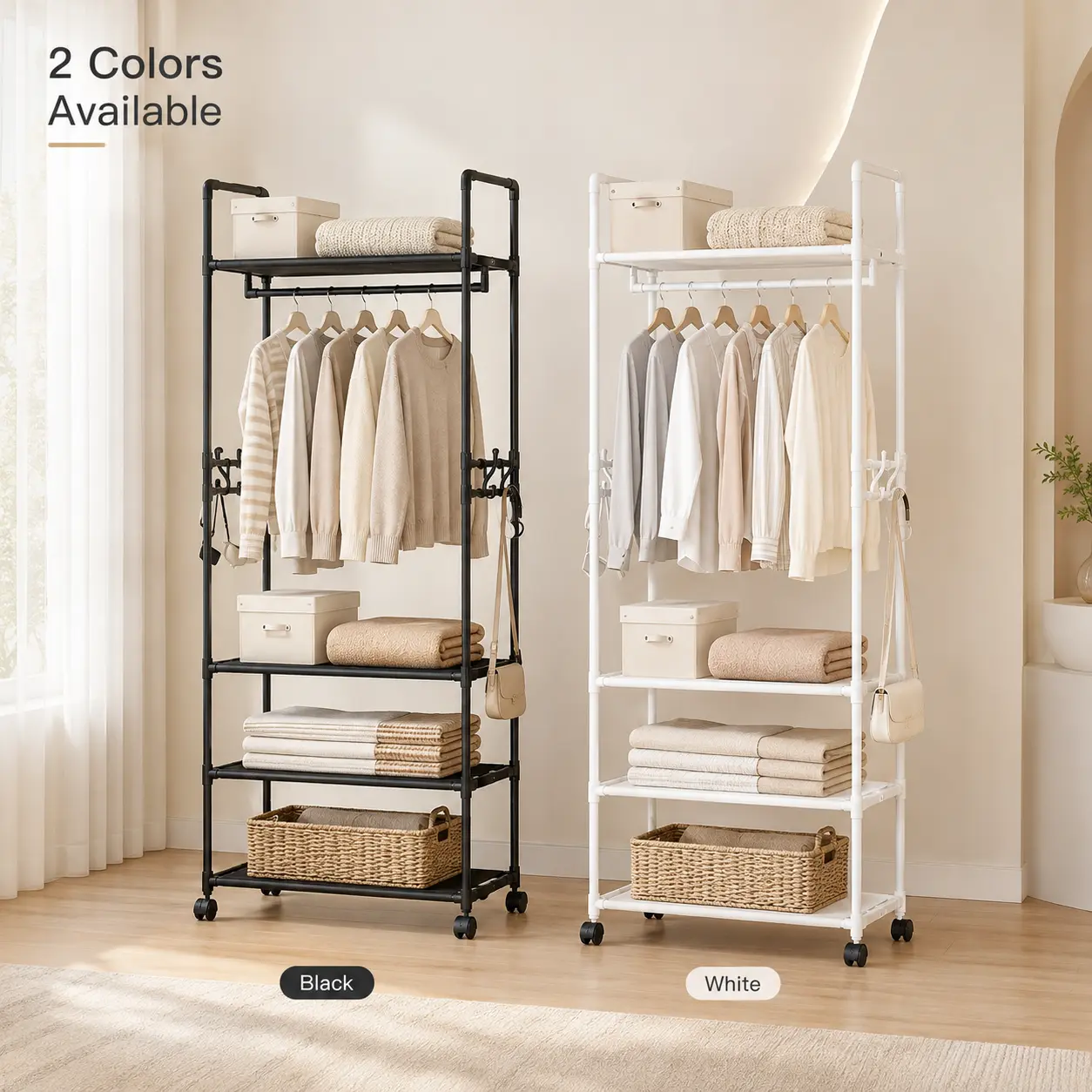 Carbon Steel Rolling Garment Organiser - 4 Fabric Shelves, Side Hooks,Movable Storage Organizer,Hanging Capacity - Multifunctional Clothing Storage Cart for Bedroom, Laundry Room, organizador multifuncional Laundry Room Organizer Clothing Rack Organizer