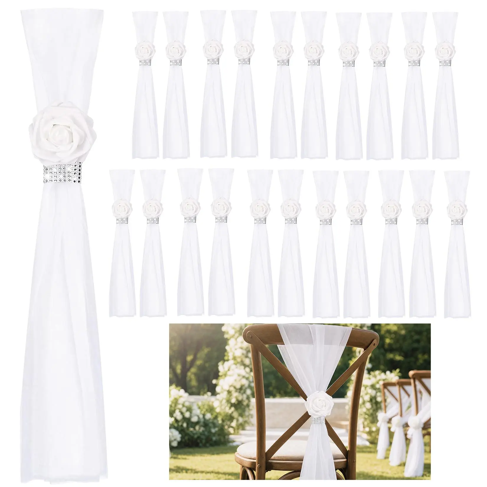 24 Sets White Sheer Wedding Chair Decorations – Artificial Hydrangea & Rose Aisle Covers with Crystal Buckle – Elegant Tulle Drapes for Church, Garden, or Banquet Ceremony
