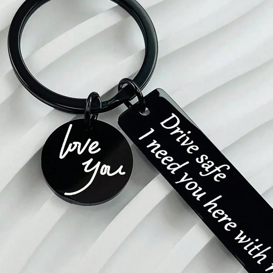 Unisex Cross Shape Stainless Steel Keychain - Engraved "Love You, Drive Safe, I Need You Here With Me", Black Stainless Steel Jewelry, Valentine’s Day Gift Item for Adults, Cute/Romantic, Engraved Quote, Split Rings
