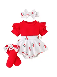 Baby Girl 1-18 Months Cherry Print Romper Set with Bow Headband and Leg Warmers, Ribbed Ruffle Short Sleeve Bodysuit Outfit, Red and White Cute Spring Summer Infant Clothes for Daily Wear, Photo Shoot, Birthday