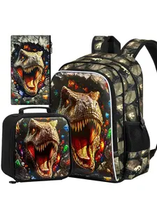 3PCS Dinosaur Backpack Set for Boys, Cool T-Rex Kids School Backpack with Lunch Bag & Pencil Case, Camo Dino Themed Bookbag for Elementary