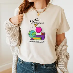 Never Underestimate a Public School Teacher Colorful Kamala Harris Shirt | Harris Walz 2024 Rally Merch | Tim Walz DNC Quote | Educator Tee