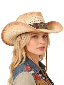 Breathable Hollow Out Straw Hat Western Cowboy Style, Metal Bull Head Rivet Decoration, Wide Brim Sun Protection Cap, Outdoor Beach Vacation