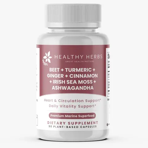 Vegan Beetroot Capsules - 300mg Beet Root Extract Herbal Wellness Blend, Proprietary Herb Blend for Balance with Ashwagandha, Turmeric, Ginger, Cinnamon, Sea Moss - Plant-Based Blood Pressure Supplement, Prop 65 Safe for Adults