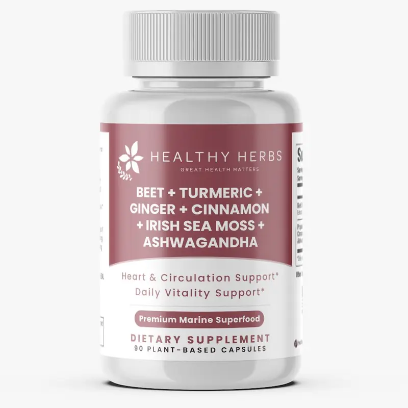 Vegan Beetroot Capsules - 300mg Beet Root Extract Herbal Wellness Blend, Proprietary Herb Blend for Balance with Ashwagandha, Turmeric, Ginger, Cinnamon, Sea Moss - Plant-Based Blood Pressure Supplement, Prop 65 Safe for Adults