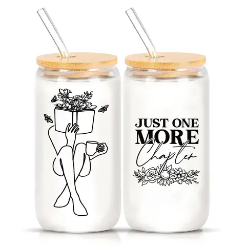 Glass Bookworm Cup, 1 Count Cute Glass Cup with Straw & Brush, Glass Water Cup, Drinking Cup for Home Office School, Gift for Friend Teacher Librarian