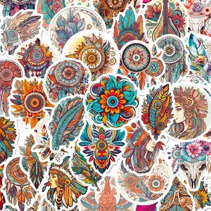 Boho Style Feather Pattern Sticker, 50pcs/set Waterproof Decorative Sticker, DIY Decals for Water Bottle, Laptop, Phone Case, Scrapbooking, Journal Making