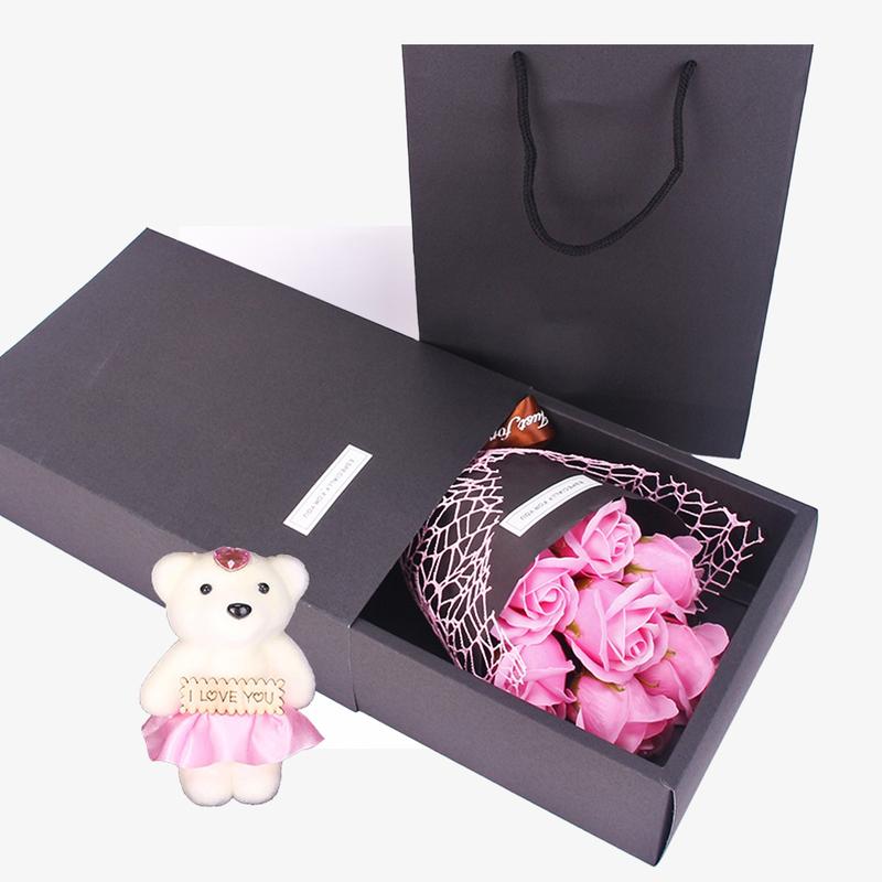 Realistic Flower Gift Box Set, Lifelike Artificial Flower, 7-Rose Bouquet with Bear Design, Creative Gift Idea for Valentine's Day, Mother's Day & Christmas